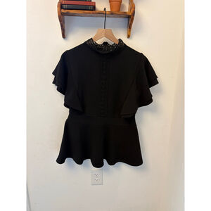 Ashley Stewart Black Peplum Top Size 10/12 Flutter Sleeve Eyelet Lace Detail B